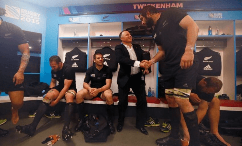 John Key meets the All Blacks at Twickenham in 2015. Photo: Getty Images 
