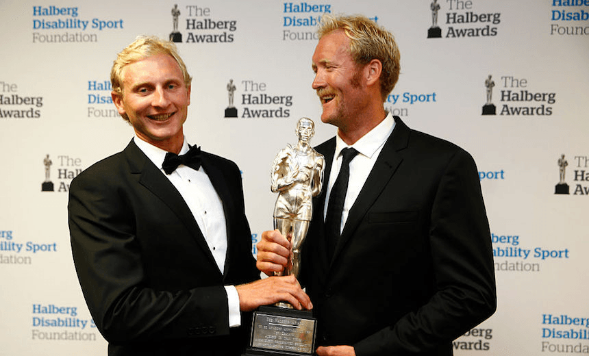 AUCKLAND, NEW ZEALAND - FEBRUARY 11:  Halberg Award winners Hamish Bond (L) and Eric Murray (R)  hold the Halberg Award at the 2015 Halberg Awards at Vector Arena on February 11, 2015 in Auckland, New Zealand.  (Photo by Phil Walter/Getty Images)