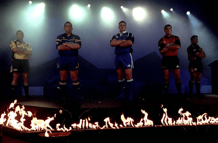 Daryl Lilley (Hurricanes), Anton Oliver (Highlanders), Xavier Rush (Blues), Mark Robinson (Crusaders) and Loki Crichton (Waikato) in  2001.  (Photo by Phil Walter/Getty Images)