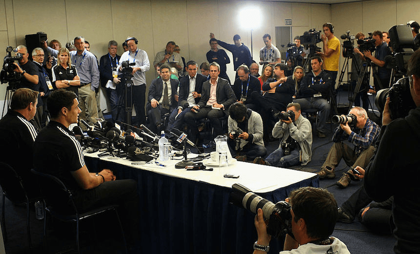 During a New Zealand All Blacks IRB Rugby World Cup 2011 media session at the Spencer on Byron Hotel on October 3, 2011 in Auckland, New Zealand. 
