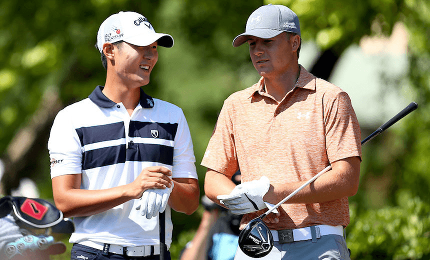 Jordan Spieth with Danny Lee on the first hole during the Final Round of the 2015 AT&T Byron Nelson in Irving, Texas.  (Photo by Sarah Crabill/Getty Images) 
