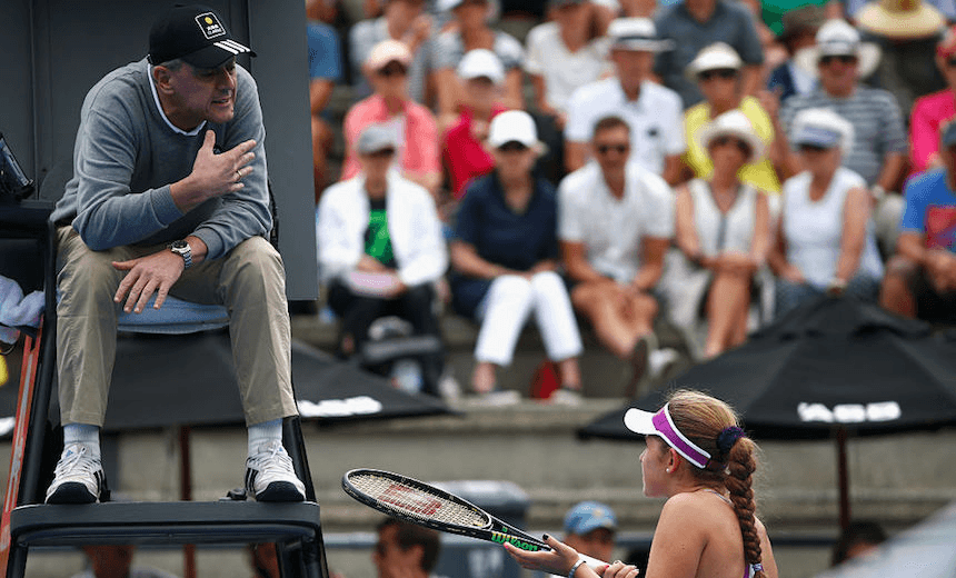 Jelena Ostapenko of Latvia speaks with the umpire during her singles match against  Naomi Broady of Great Britain  during day three of the 2016 ASB Classic at ASB Tennis Arena (Photo by Phil Walter/Getty Images) 
