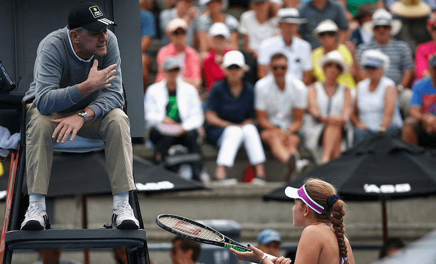 Jelena Ostapenko of Latvia speaks with the umpire during her singles match against Naomi Broady of Great Britain during day three of the 2016 ASB Classic at ASB Tennis Arena (Photo by Phil Walter/Getty Images)