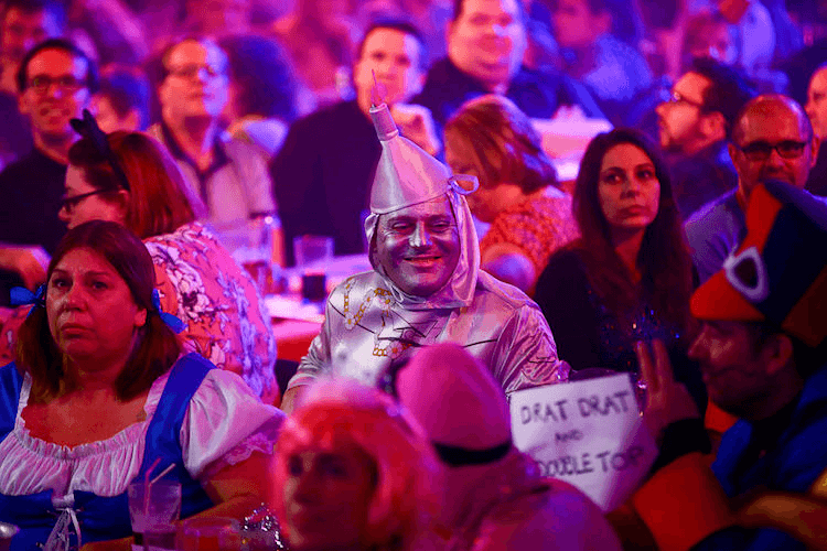FRIMLEY, ENGLAND - JANUARY 10:  A fan in fancy dress watches on during the Men's final match between Scott Waites of England and Jeff Smith of Canada during Day Nine of the BDO Lakeside World Professional Darts Championships at The Lakeside Country Club on January 10, 2016 in Frimley, England.  (Photo by Jordan Mansfield/Getty Images)