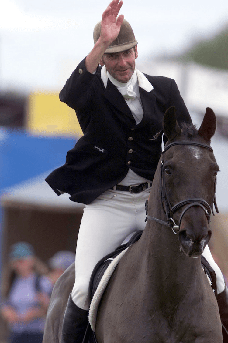 Mark Todd does a sort of proto-dab on Olympic gold medal-winning horse Charisma.  (Photo by Phil Walter/Getty Images)