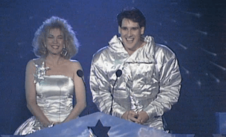 “Like a Christmas fairy your kid would make at kindy out of cardboard and tinfoil. Hosts Leeza Gibbons and Nic Nolan in their “space age” costumes. 
