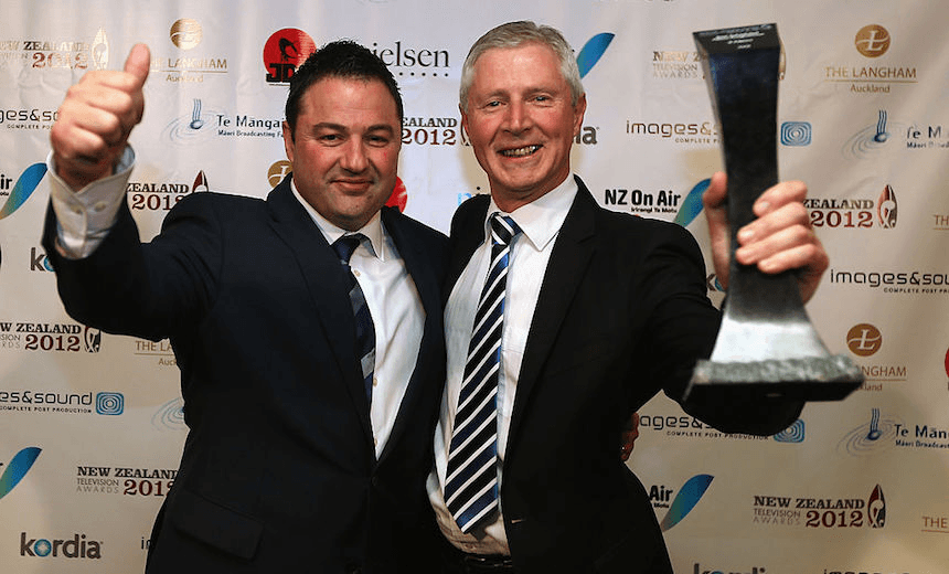 Jennings (right) and Duncan Garner celebrate a win at the 2012 New Zealand Television Awards
