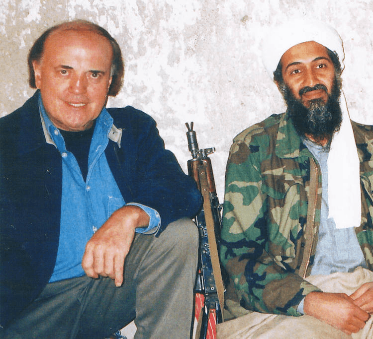 Peter Arnett with Osama bin Laden in Afghanistan, 1997.
