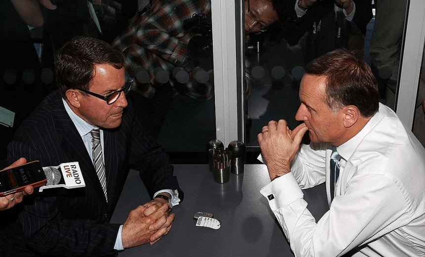 John Key and John Banks sip delicious filth at the Urban Cafe. Photo: Hannah Peters/Getty Images 
