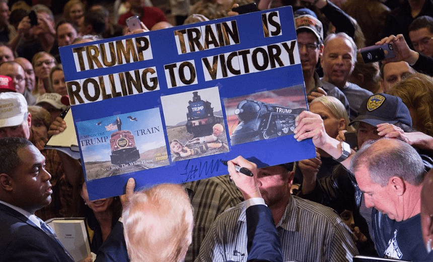 RENO, NV – FEBRUARY 23: Republican presidential candidate Donald Trump greets supporters following a rally at the Nugget February 23, 2016 in Sparks, Nevada. The Nevada GOP caucus is tonight. (Photo by David Calvert/Getty Images)