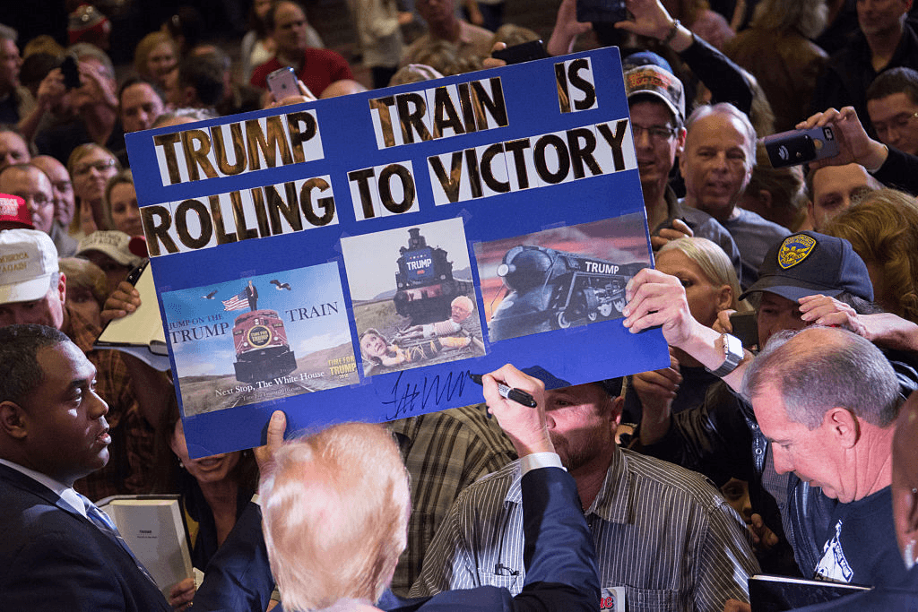 RENO, NV - FEBRUARY 23:  Republican presidential candidate Donald Trump greets supporters following a rally at the Nugget February 23, 2016 in Sparks, Nevada. The Nevada GOP caucus is tonight. (Photo by David Calvert/Getty Images)