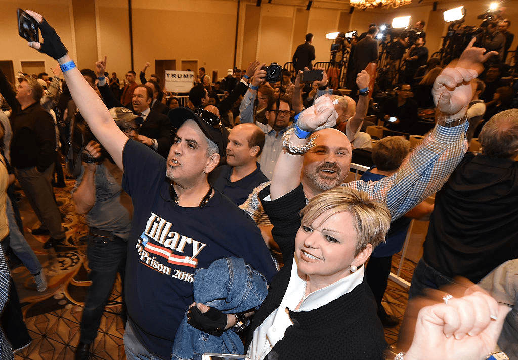 Republican presidential candidate Donald Trump speaks at a caucus night watch party at the Treasure Island Hotel & Casino on February 23, 2016 in Las Vegas, Nevada. The New York businessman won his third state victory in a row in the "first in the West" caucuses.