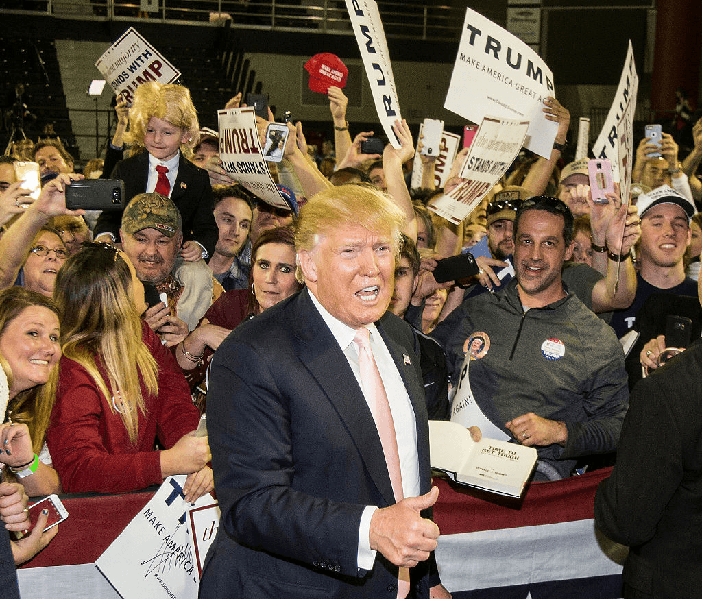 VALDOSTA, GA - FEBRUARY 29: Republican presidential candidate Donald Trump speaks to supporters after a rally at Valdosta State University February 29, 2016 in Valdosta, Georgia. On the eve of the Super Tuesday primaries, Trump is enjoying his best national polling numbers of the election cycle, increasing his lead over rivals Sens. Marco Rubio (R-FL) and Ted Cruz (R-TX).  (Photo by Mark Wallheiser/Getty Images)