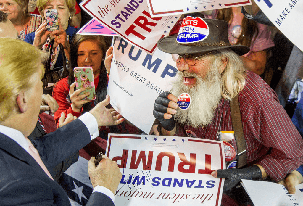 VALDOSTA, GA - FEBRUARY 29: U.S. Republican presidential candidate Donald Trump greets supporters during his rally at Valdosta State University in Valdosta, Georgia on February 29, 2016 . (Photo by Mark Wallheiser/Getty Images)