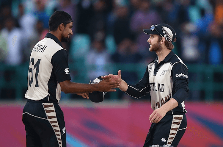 DHARAMSALA, INDIA - MARCH 18:  Ish Sodhi and Kane Williamson of New Zealand celebrate after the ICC World Twenty20 India 2016 Super 10s Group 2 match between Australia and New Zealand at HPCA Stadium on March 18, 2016 in Dharamsala, India.  (Photo by Ryan Pierse/Getty Images,)
