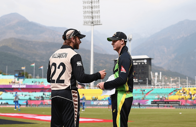 DHARAMSALA, INDIA - MARCH 18:  Kane Williamson of New Zealand and Steve Smith of Australia meet for the toss during the ICC World Twenty20 India 2016 Super 10s Group 2 match between Australia and New Zealand at HPCA Stadium on March 18, 2016 in Dharamsala, India.  (Photo by Ryan Pierse/Getty Images,)