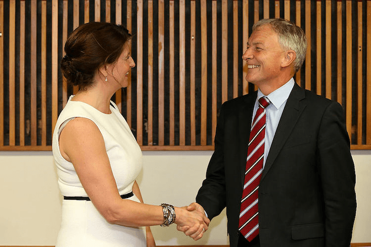 Victoria Crone and Phil Goff meet before the first Auckland Mayoral debate (Photo by Fiona Goodall/Getty Images)