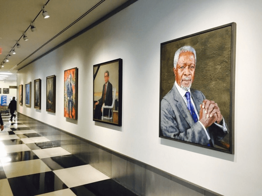 A powerful motivation for would-be secretary generals is getting a portrait on this wall. Photograph: UN