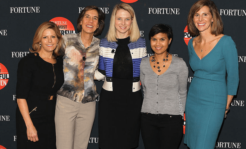 Nina Easton, Pattie Sellers, Marissa Mayer, Stephanie Mehta and Leigh Gallagher attend the FORTUNE Most Powerful Women Summit on October 17, 2013 in Washington, DC. (Photo: Getty) 
