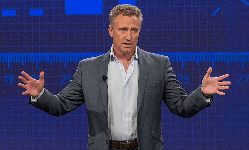 “Our company is gonna be thiiiis big”: Mark Weldon on stage in Auckland on October 30, 2014.