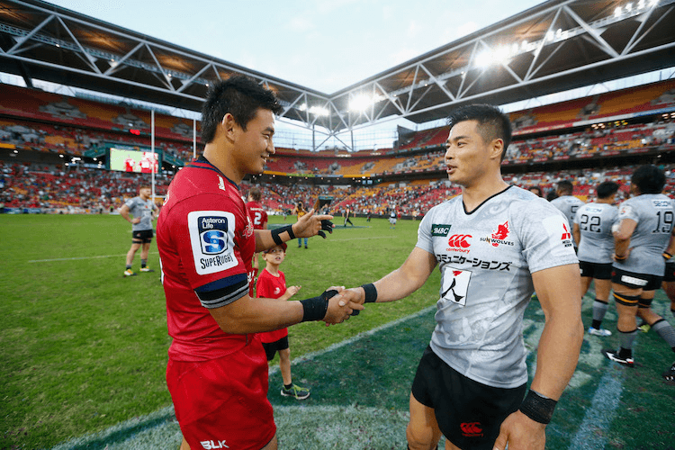 Ayumu Goromaru is reunited with his son Akihito Yamada. (Photo by Jason O'Brien/Getty Images for Japan Sunwolves)