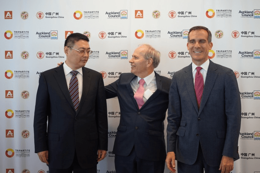 Guangzhou Vice-Mayor Wang Dong, Len Brown, and L.A Mayor Eric Garcetti