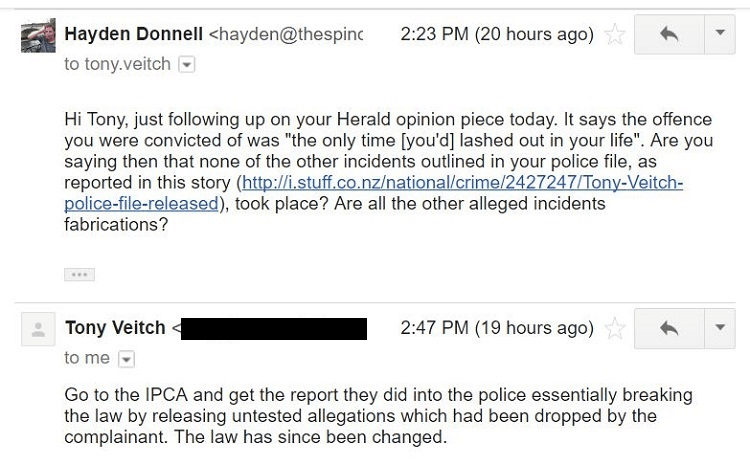 Emails exchanged yesterday between The Spinoff's Hayden Donnell and Tony Veitch.