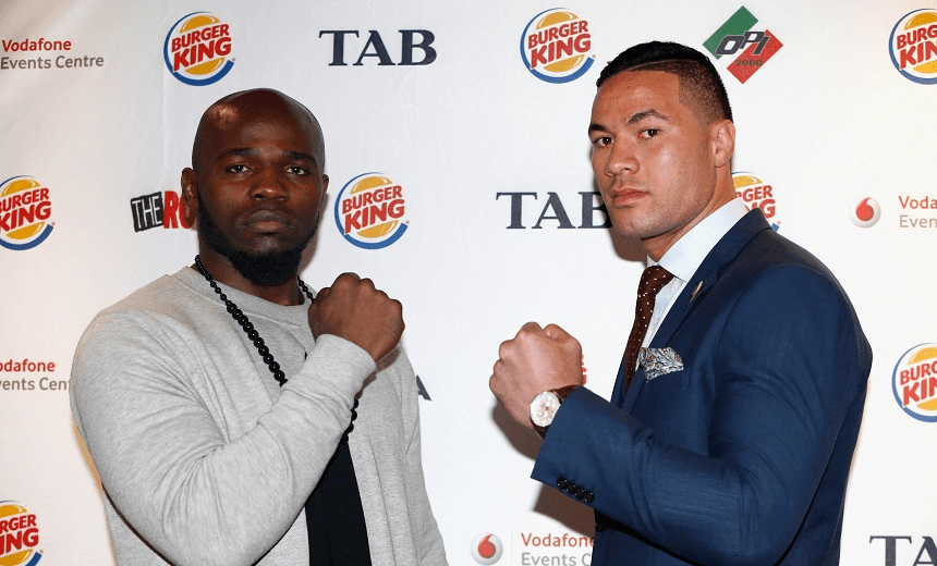 AUCKLAND, NEW ZEALAND - MAY 18: Carlos Takam (L) and Joseph Parker (R) pose following a press conference at Burger King on May 18, 2016 in Auckland, New Zealand. (Photo by Phil Walter/Getty Images)