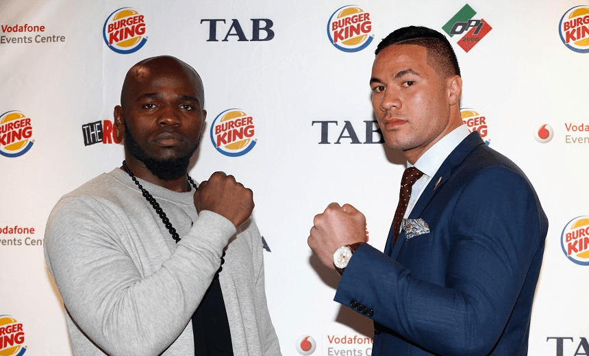 AUCKLAND, NEW ZEALAND – MAY 18: Carlos Takam (L) and Joseph Parker (R) pose following a press conference at Burger King on May 18, 2016 in Auckland, New Zealand. (Photo by Phil Walter/Getty Images)