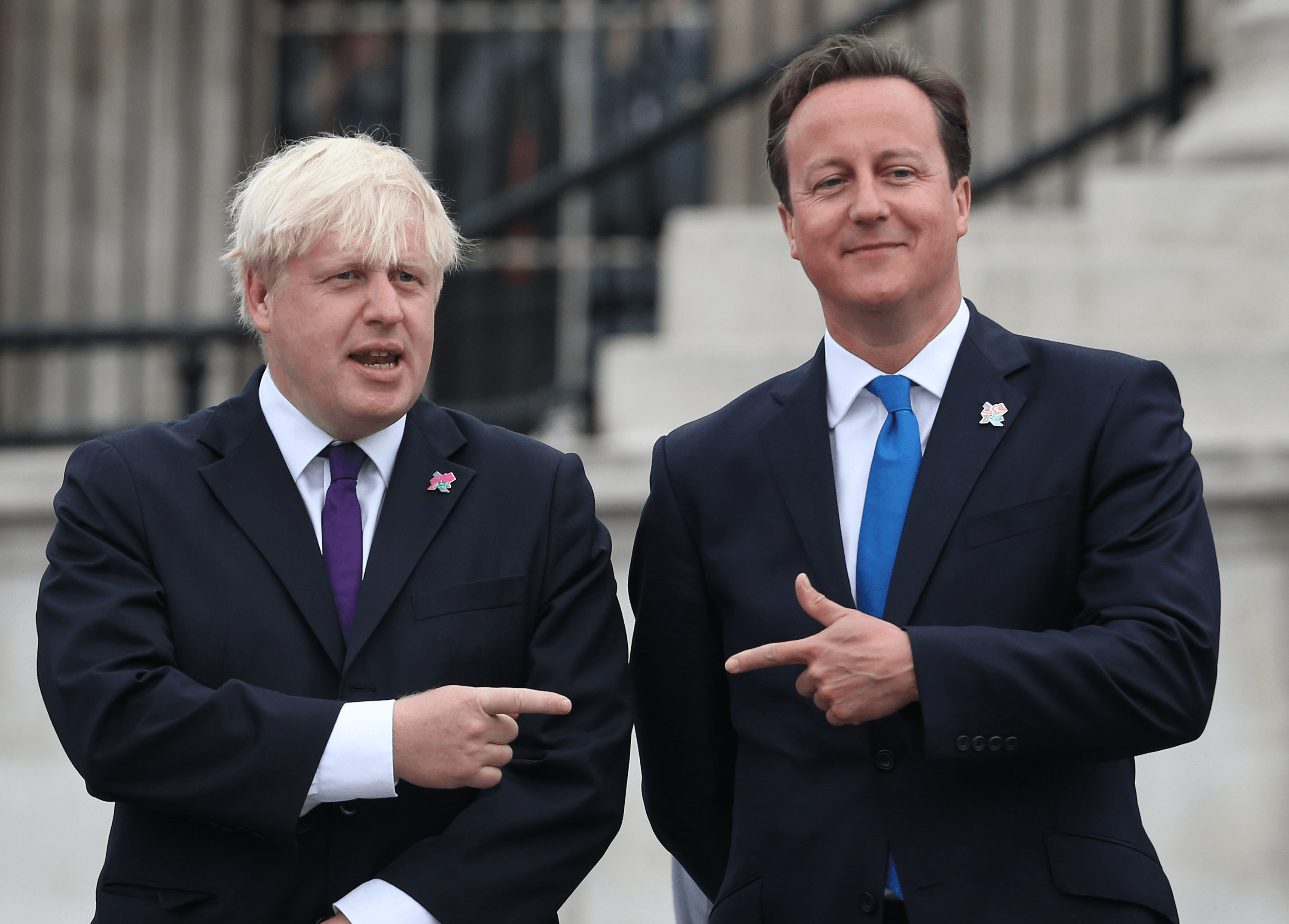 LONDON, ENGLAND – AUGUST 24:  Prime Minister David Cameron (R) stands with London Mayor Boris Johnson as the Olympic cauldron is lit for the Paralympic Games in Trafalgar Square on August 24, 2012 in London, England. The London 2012 Paralympic Games open on August 29, 2012 for 12 days.  (Photo by Peter Macdiarmid/Getty Images) 
