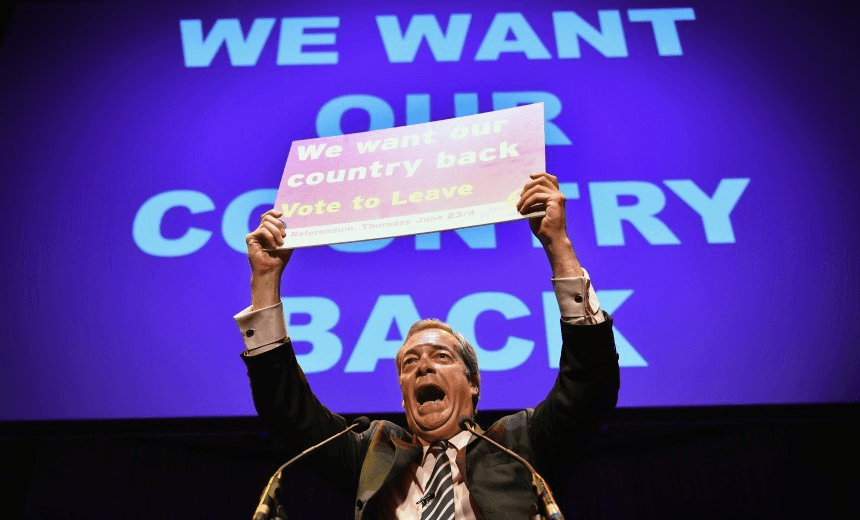 GATESHEAD, ENGLAND – JUNE 20:  UKIP Leader Nigel Farage MEP, speaks at the final ‘We Want Our Country Back’ public meeting of the EU Referendum campaign on June 20, 2016 in Gateshead, England. Campaigning continues across the UK as the country goes to the polls on Thursday, to decide whether Britain should leave or remain in the European Union.  (Photo by Jeff J Mitchell/Getty Images) 
