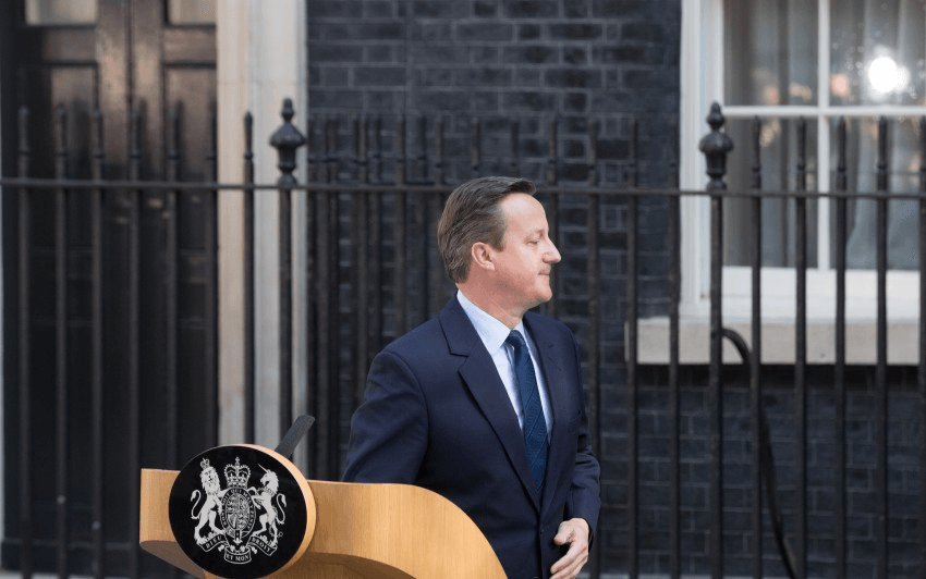 LONDON, ENGLAND - JUNE 24: British Prime Minister David Cameron resigns on the steps of 10 Downing Street on June 24, 2016 in London, England. The results from the historic EU referendum has now been declared and the United Kingdom has voted to LEAVE the European Union. (Photo by Matt Cardy/Getty Images)
