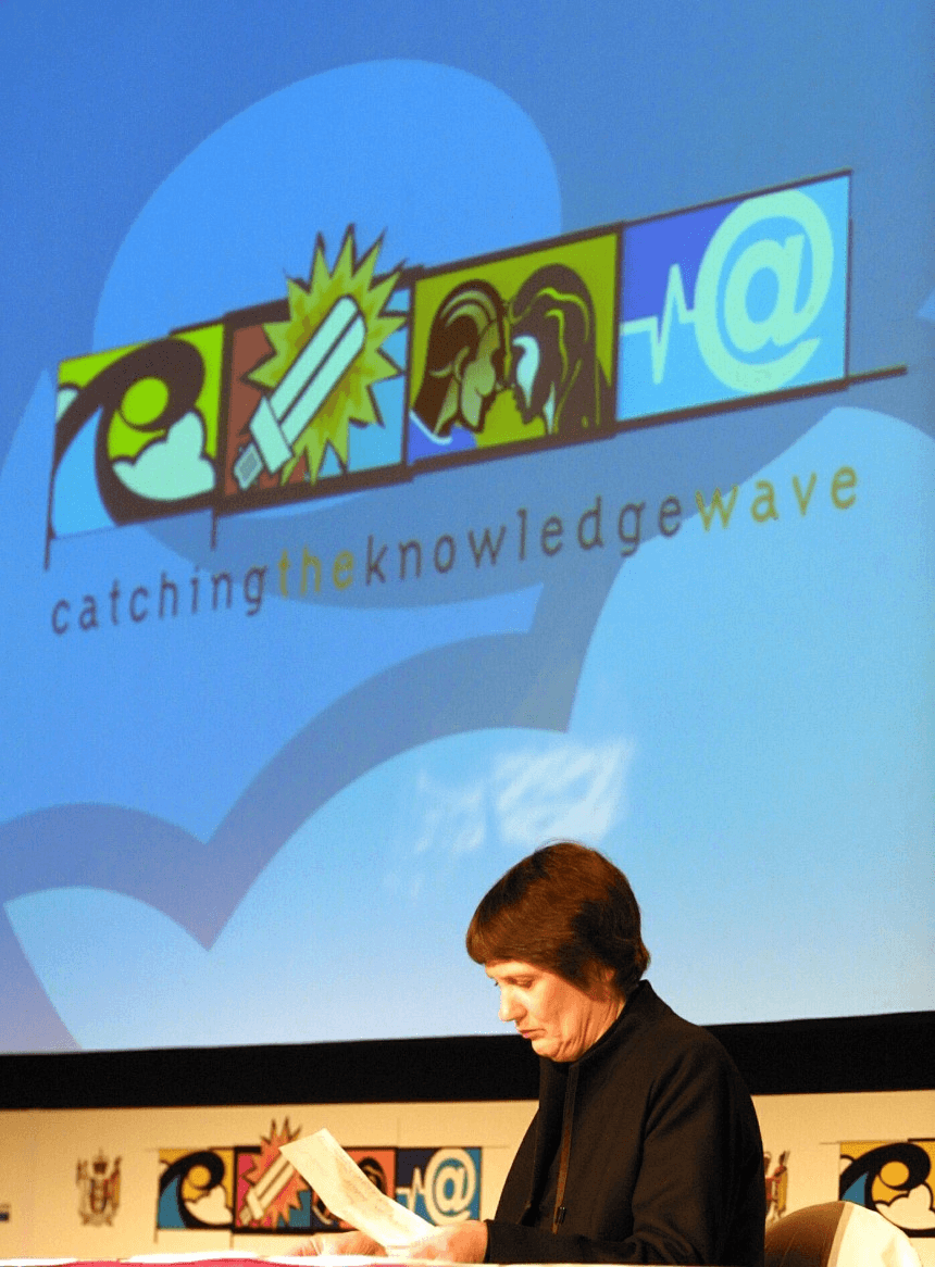 AUCKLAND, NEW ZEALAND - AUGUST 01: Prime Minister Helen Clark at the Catching the Knowledge Wave conference at the Sheraton Hotel in Auckland, Wednesday. (Photo by Michael Bradley/Getty Images)