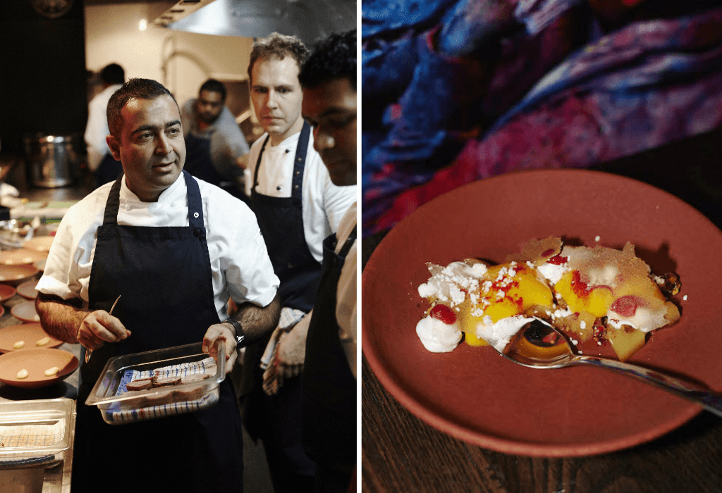 Head chef Sid Sahrawat and his team at Cassia, left, and one of his elegant desserts, right. Photos: Rebecca Zephyr Thomas