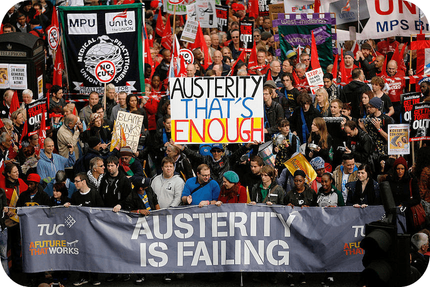 Demonstrators take part in a march against the UK government’s austerity measures in October 2012.  (Photo: Warrick Page/Getty Images) 
