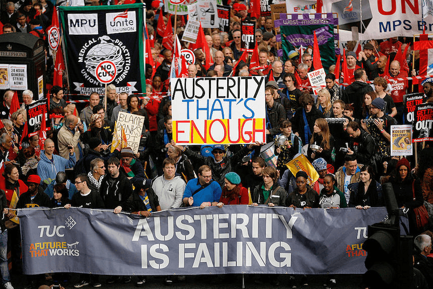 Demonstrators take part in a march against the UK government's austerity measures October, 2012. (Warrick Page/Getty Images)