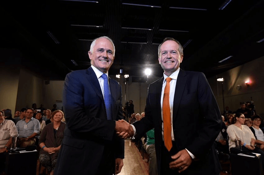 Bill Shorten and Malcolm Turnbull shake hands before a debate at the start of the campaign, way back in the distant past. Photo by Mick Tsikas/Pool/Getty