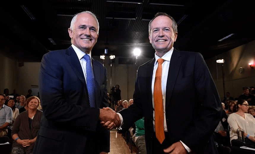 Bill Shorten and Malcolm Turnbull before a debate during the interminable campaign. Photo by Mick Tsikas – Pool/Getty Images) 

