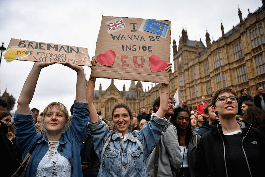 Anti-Brexit protesters outside the Houses of Parliament in London on June 28. (Jeff J Mitchell/Getty Images)