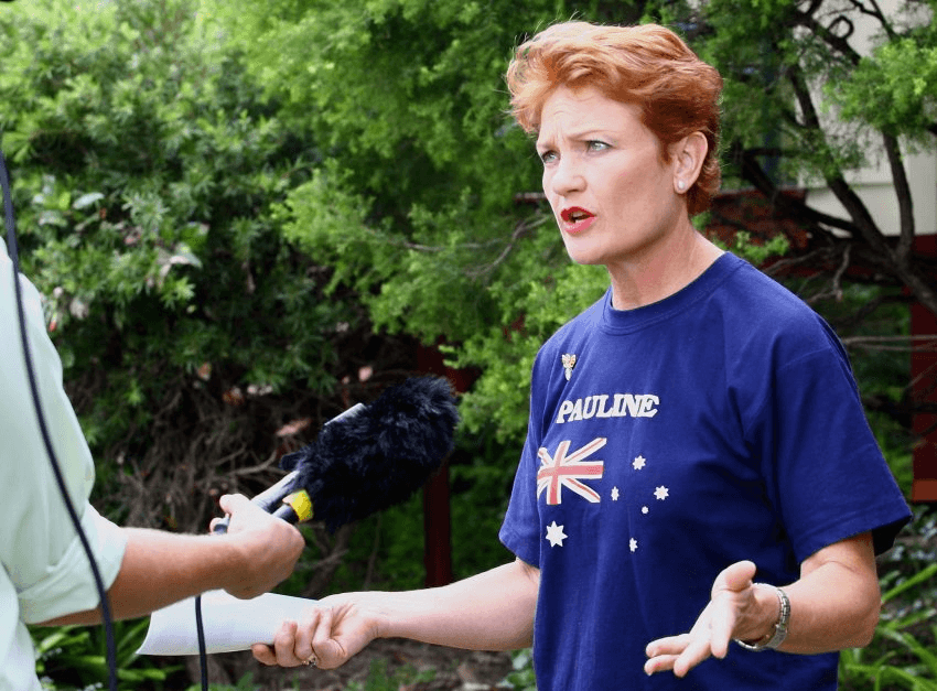 BOONAH, AUSTRALIA - MARCH 21: Independent candidate for Beaudesert Pauline Hanson is interviewed by the media at the Boonah State Primary School during the Queensland State elections on March 21, 2009 in Boonah, Australia. The election will be conducted by the Electoral Commission of Queensland, an independent body answerable to Parliament. (Photo by Bradley Kanaris/Getty Images)