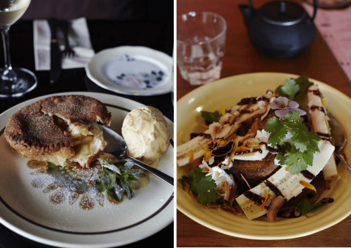 Deep-fried apple pie with dulce de leche at Siostra, left, and rum and orange-soaked brioche French toast with banana and coconut dulce de leche at Kiss Kiss. Photos: Rebecca Thomas 