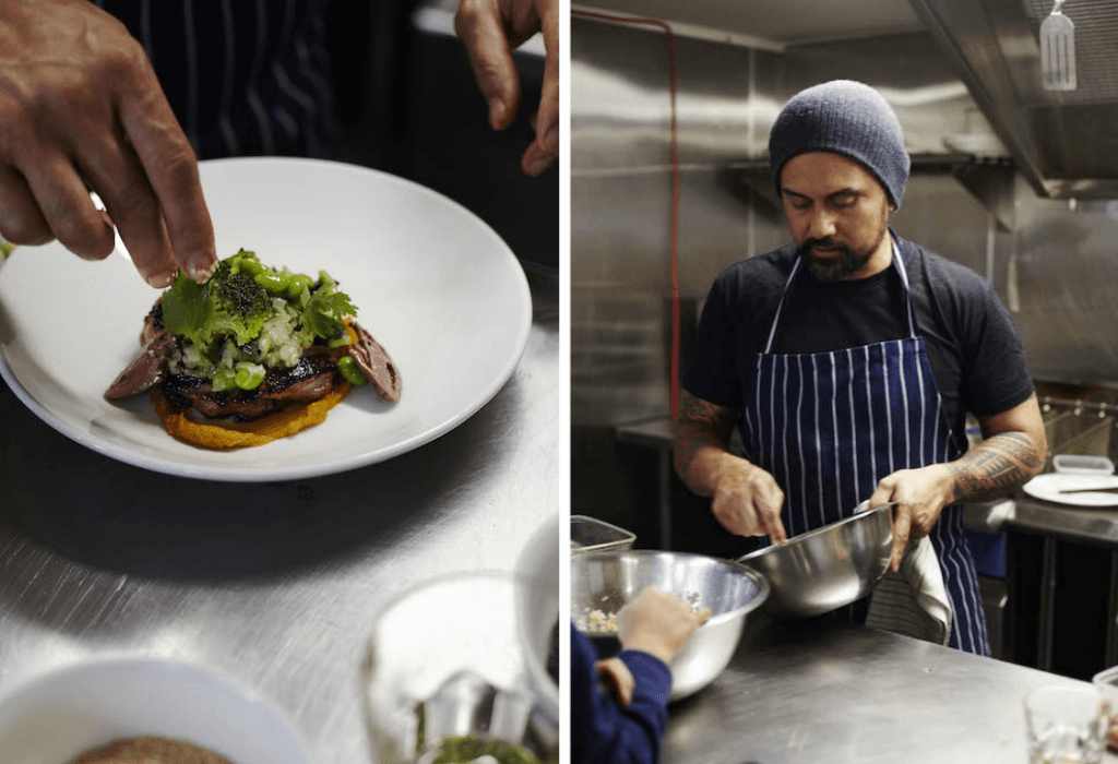 Chef Michael Meredith (whose Whatsapp status is “Hold the piko piko”) makes a salad of chicken thighs and hearts, broccoli and edamame in a miso wasabi ginger dressing at Laffare Melrose in Auckland. For every salad sold, a hungry kid gets a lunch via his charity. Photos: Rebecca Zephyr Thomas