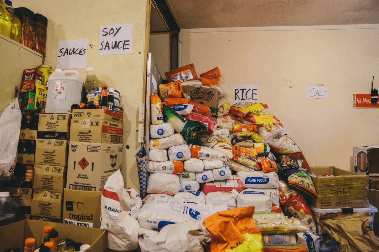 Donated food waits to be cooked or sent to families in need (Photo credit: Qiane Matata-Sipu)