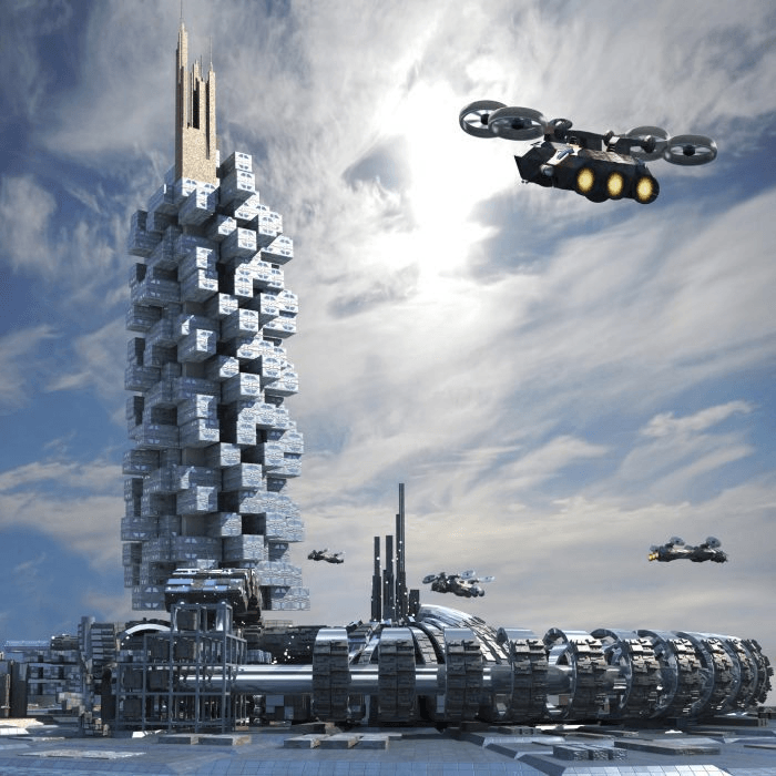 Futuristic city architecture with skyscraper, ring structure and hoovering aircrafts for futuristic, science fiction or fantasy backgrounds
