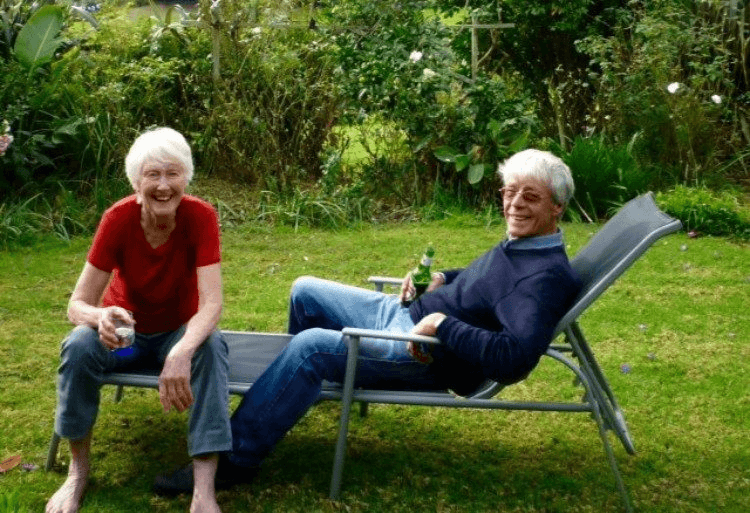 Jean and Russell after picking olives at the Cuddihy's Waiheke olive grove (Image: Supplied)