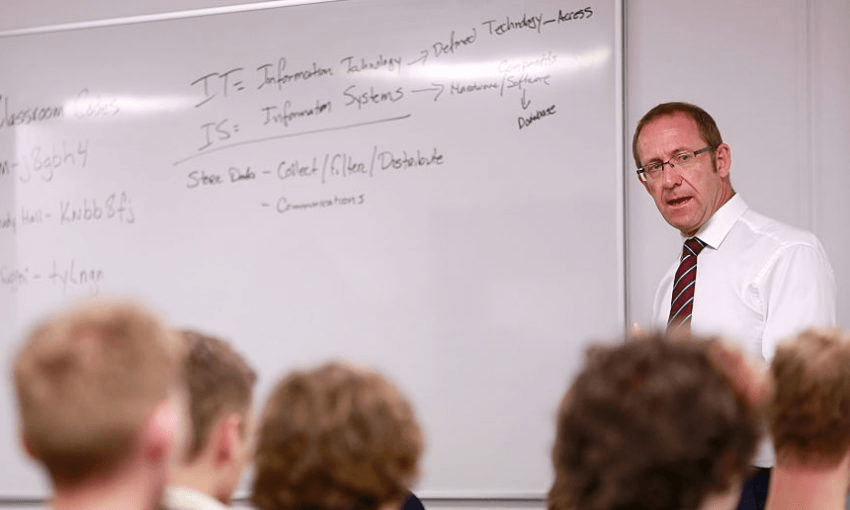 Andrew Little with a whiteboard at some event or other earlier this year. (Photo by Phil Walter/Getty Images)