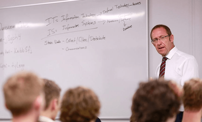 Andrew Little with a whiteboard at some event or other earlier this year. (Photo by Phil Walter/Getty Images)