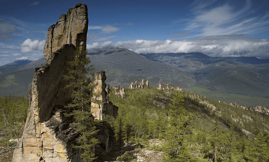 Granite outlier in the mountains. Yakutia. Oimyakon area. Russia. 
