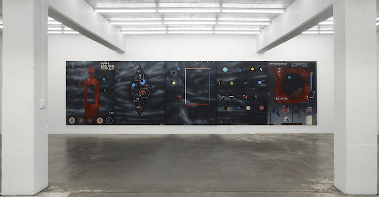 Shane Cotton, installation view of ‘The Haymaker Series I–V’, 2012. Image courtesy of the artist and Michael Lett. Photograph by Alex North 