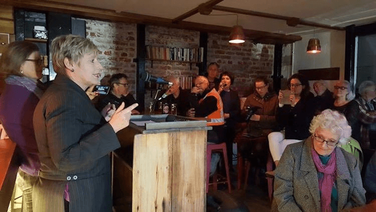 Mayor Lianne Dalziel addresses the crowd at Smash Palace, Christchurch